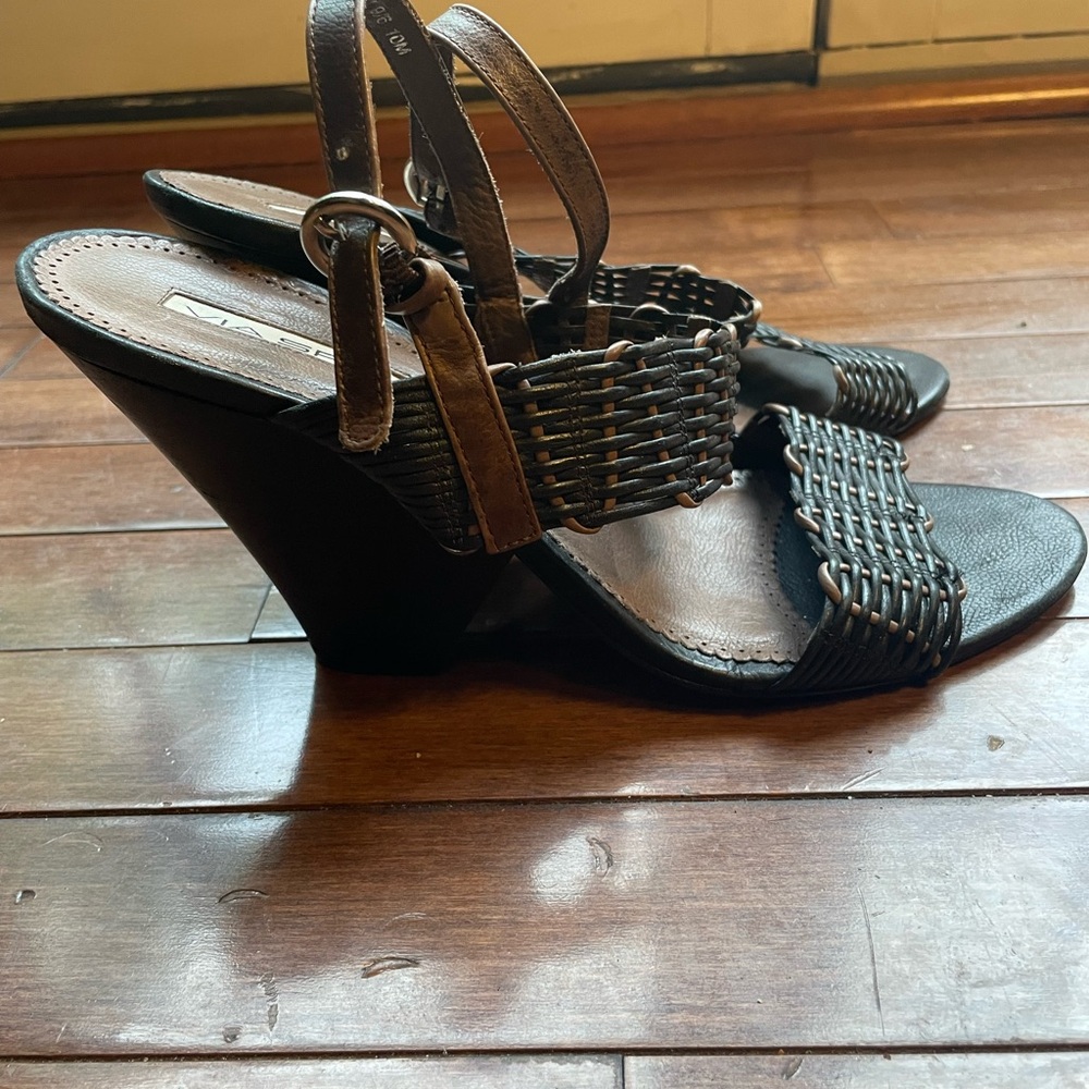 Via Spiga Chocolate Brown Woven Leather Wedge Heel Sandals - 10M